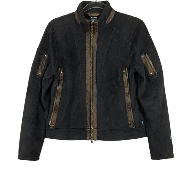 KUHL Moto-Vation Black Fleece Brown Leather Trim Full Zip Jacket Pockets sz M - Picture 4 of 14